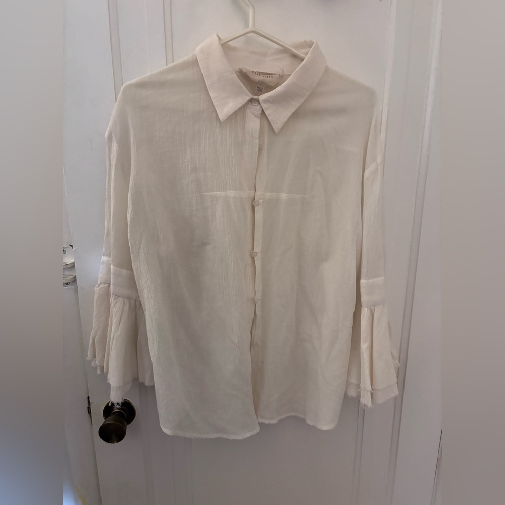 Moon River Cream Button-Front Ruffle Sleeve Top